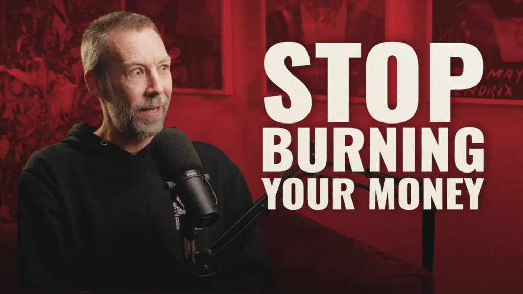 Brent Stirling at a podcast mic on NVISION's Brews & Buzzwords, with the title Stop Burning Your Money