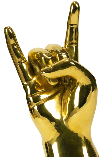 A golden hand making a rock and roll horns sign