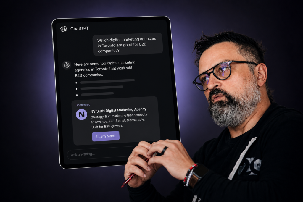 George Arabian, NVISION founder, analyzing ChatGPT ads with a sponsored placement below an AI answer
