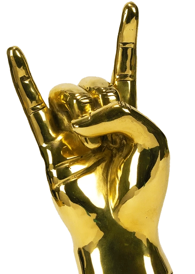 A golden hand making a rock and roll horns sign