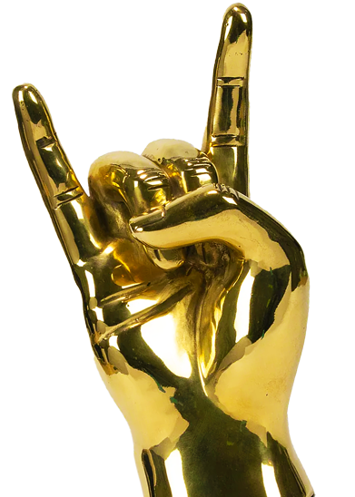 A golden hand making a rock and roll horns sign