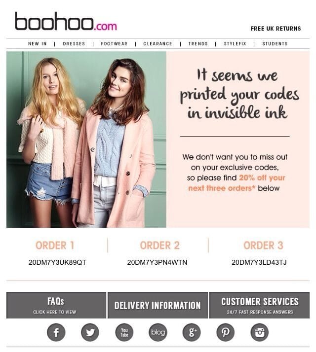 Boohoo's apology email response and offer to their subscribers after the mistake