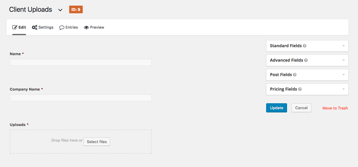 Add the required name, company name, and uploads fields to the Client Uploads form in Gravity Forms