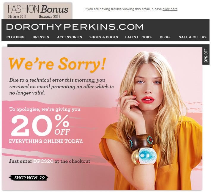Dorothy Perkins apology email and 20% off coupon code for a mistake on their part