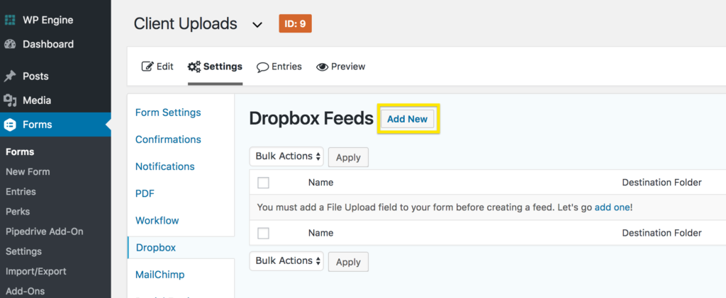 Add Dropbox feeds to Gravity Forms forms by going to the form settings and choosing Dropbox. an Add New button will be present at the top of the table