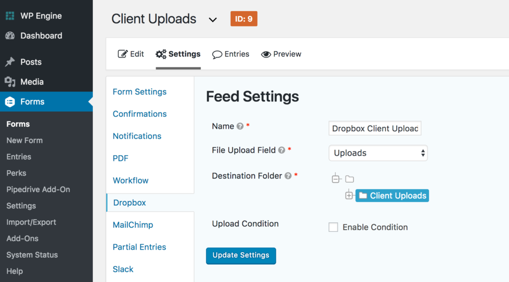 Configure the Dropbox feed by providing a Feed Name, File Upload Field, and Destination Folder