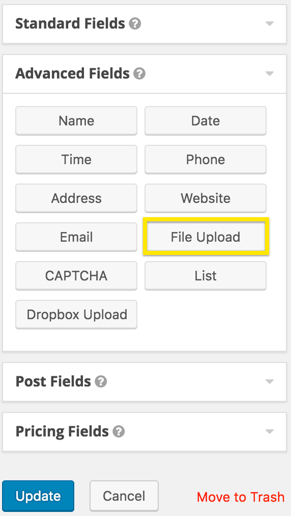 Gravity Forms File Upload field is found under the Advanced Fields widget