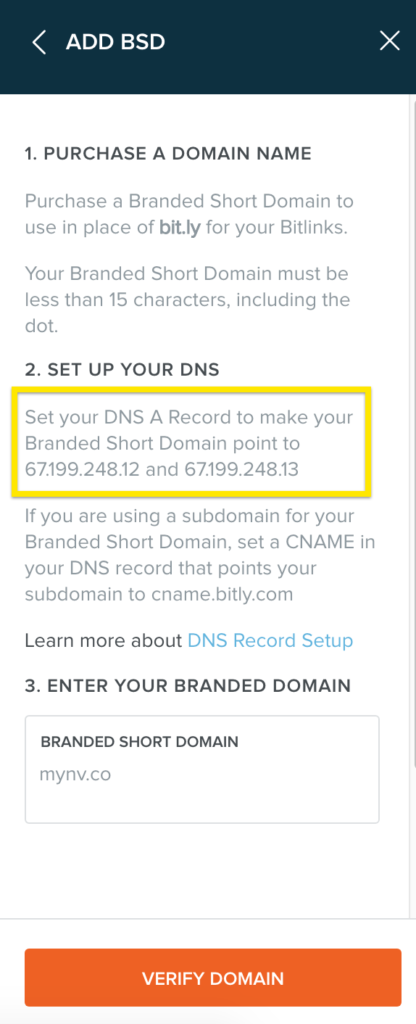 Update the DNS for your branded short domain using the IP addresses provided