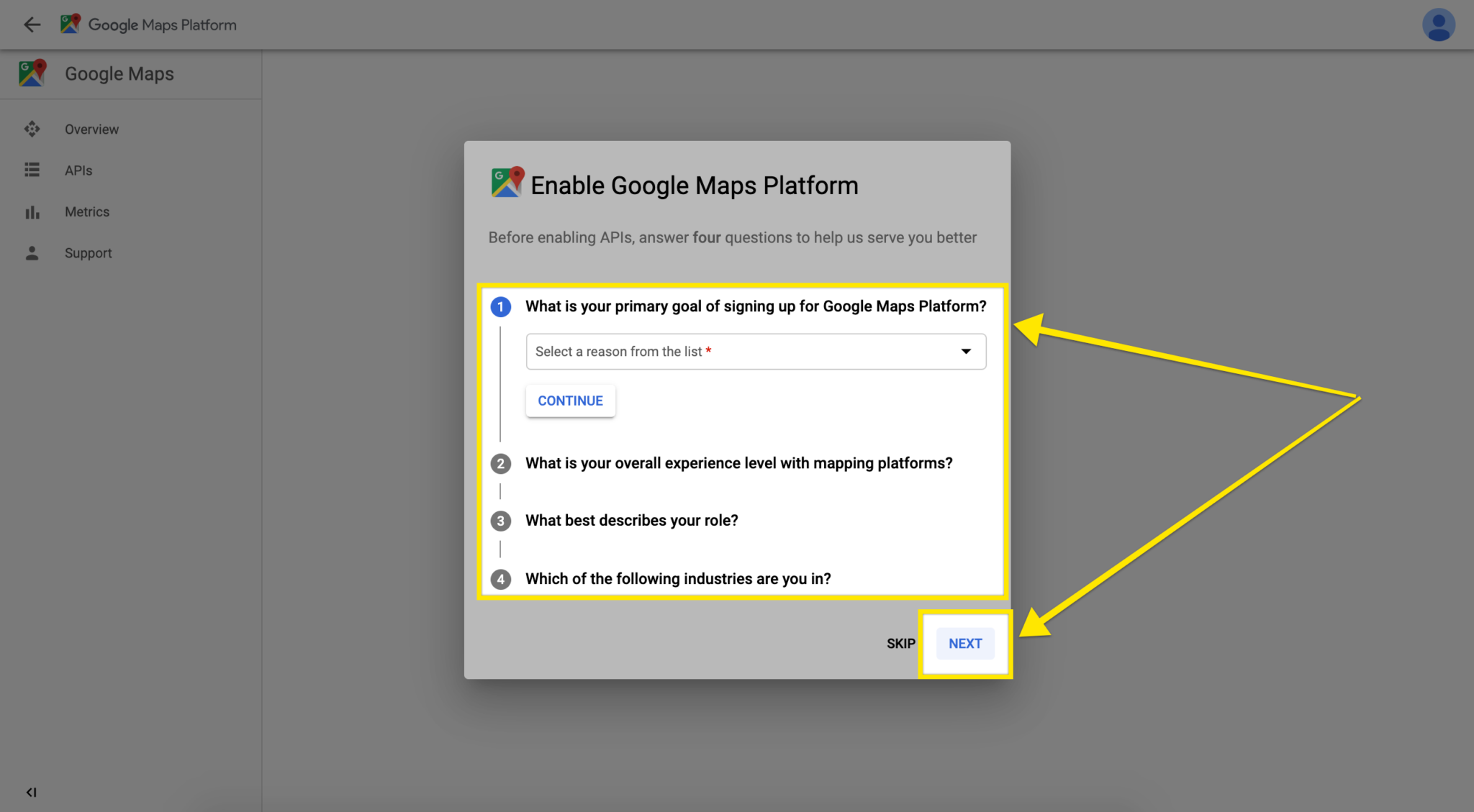 Google Maps initial project questions. Provide the details of your project or alternatively skip the questions.