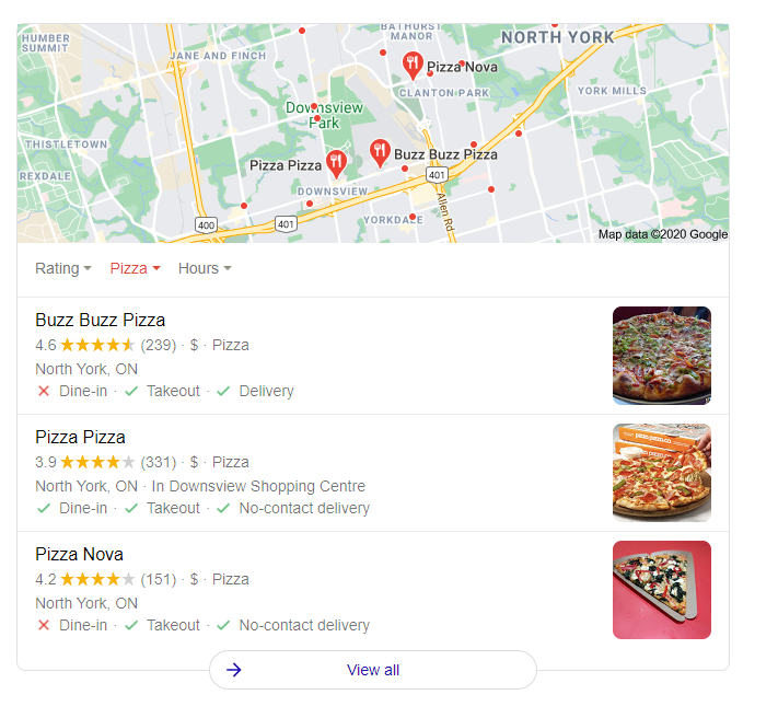Local pack that appears when searching for pizza. Do you want to know how to optimize your GMB? Find out in our latest article!